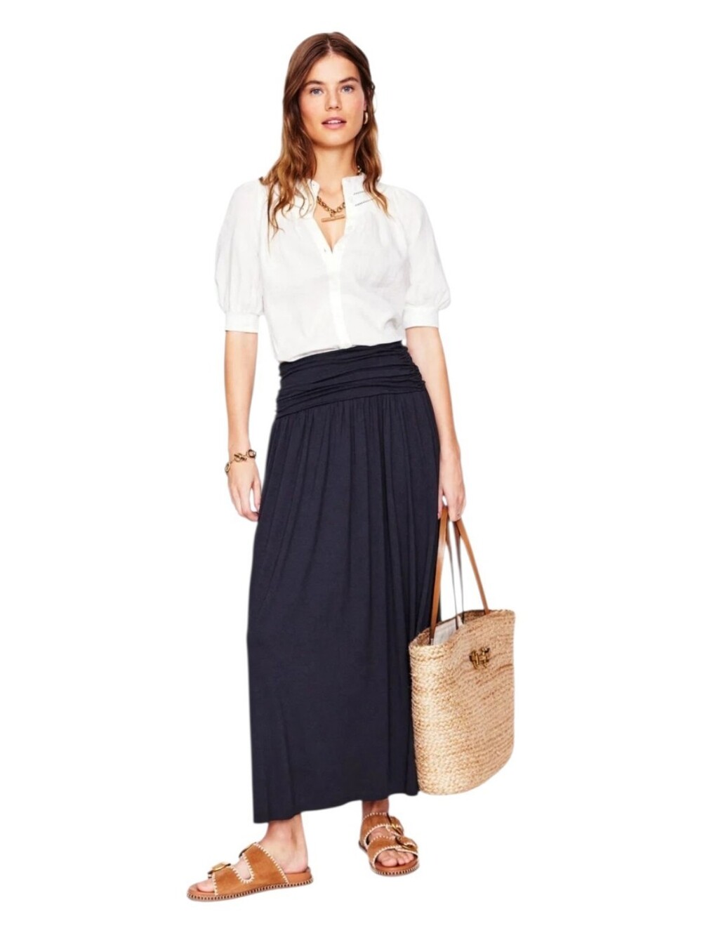 Boden Roseline Jersey Navy Maxi Skirt with Ruched Fold-Over Waist